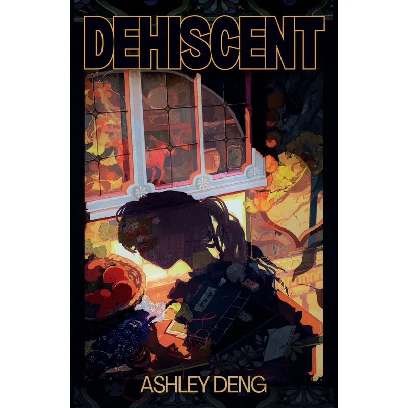 Cover of Dehiscent by Ashley Deng. Shadow of a girl in front of a house with a lot of plant life evident.