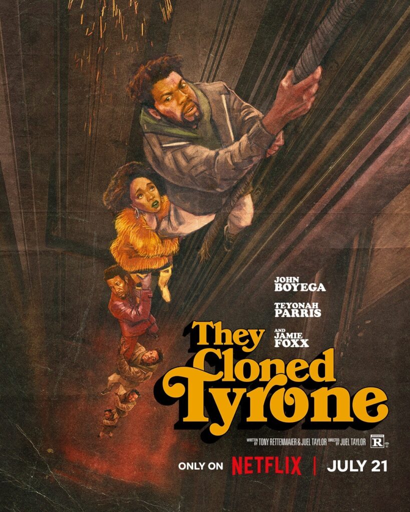 Netflix movie poster for They Cloned Tyrone, showing several people climbing through an elevator shaft. The last few on the cable appear to be clones of each other.