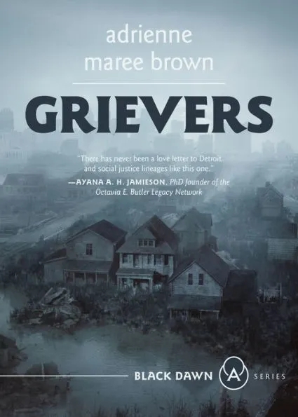 Cover, Grievers by adrienne maree brown, shows a Detroit street in a blue-gray mist.