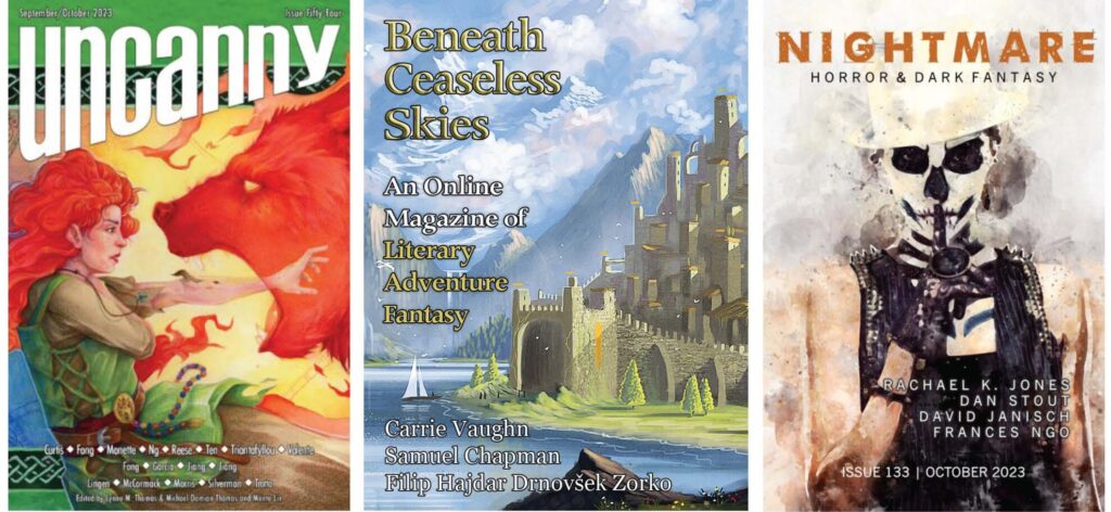 Combined image of Uncanny Issue 54, Beneath Ceaseless Skies October 2023, and Nightmare Issue 133.