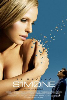 S1M0NE movie poster shows a large manifestations of a computer-generated woman looking down at Al Pacino.
