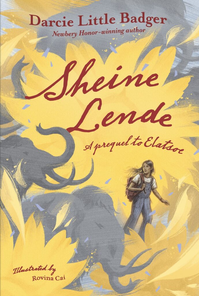 Cover of Sheine Lende, by Darcie Little Badger. Depicts girl in overals and a backpack, looking back at mammoths, on a mostly yellow background with gray streaks and shadows.
