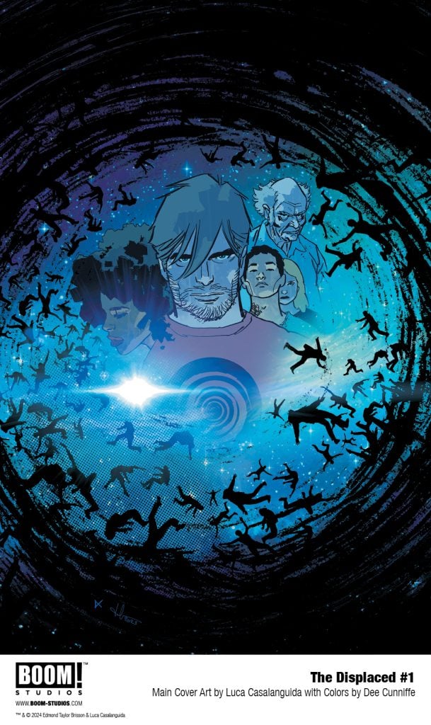 Cover of The Displaced #1, Written by Ed Brisson and illustrated by Luca Casalanguida. Features several people's faces amid a vortex of people's floating silhouettes.