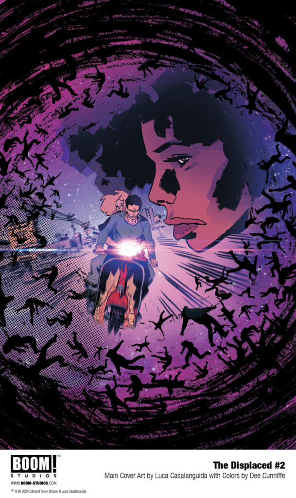 Cover of The Displaced #2. Features a Black woman's face and two white people riding a moped or motorcycle, amid a vortex of floating people's silhouettes.