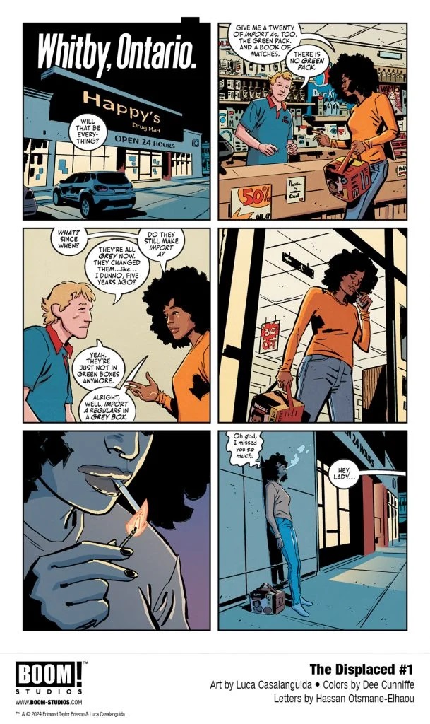 Interior from The Displaced, featuring a black woman buying cigarettes from a white convenience store clerk. She's disconcerted that the brand she used to smoke 5 years ago has changed its packaging.