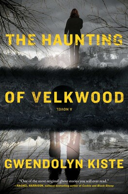 Cover of The Haunting of Velkwood by Gwendolyn Kiste. Features a person standing abovfe a lake that reflects two people, at sunset or sunrise.