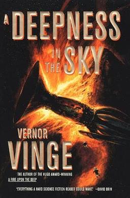 Cover of A Deepness in the Sky, featuring a sort of squid-shaped spaceship against a fiery background.