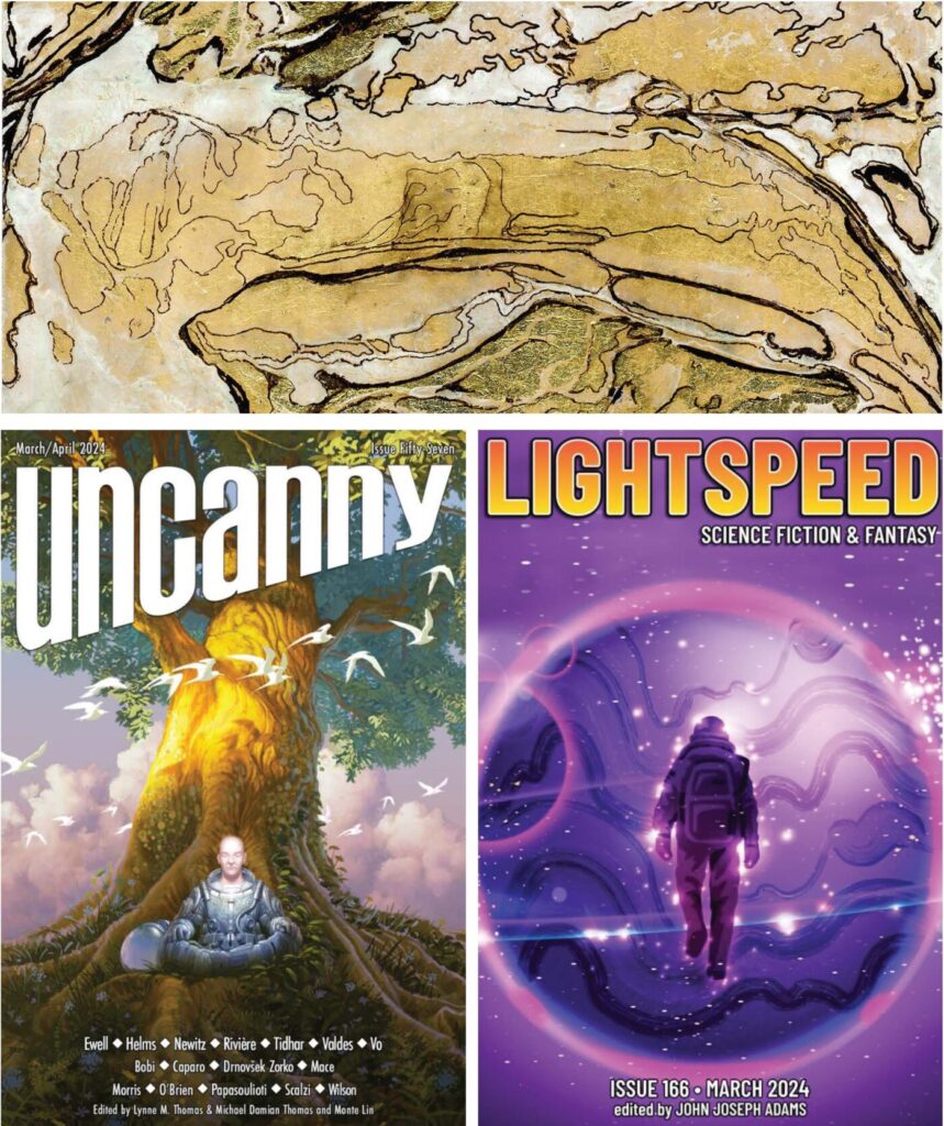 Combined covers of Strange Horizons), March 11, 2024 (top), Uncanny 57 (bottom left), and Lightspeed 166 (bottom right).