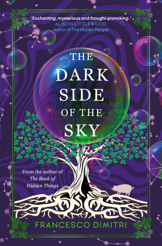 Cover of The Dark Side of the Sky, featuring purple-green bubbles against a swirly sky, with a green tree with purple fruit or berries and a white trunk, with a pig at the base.