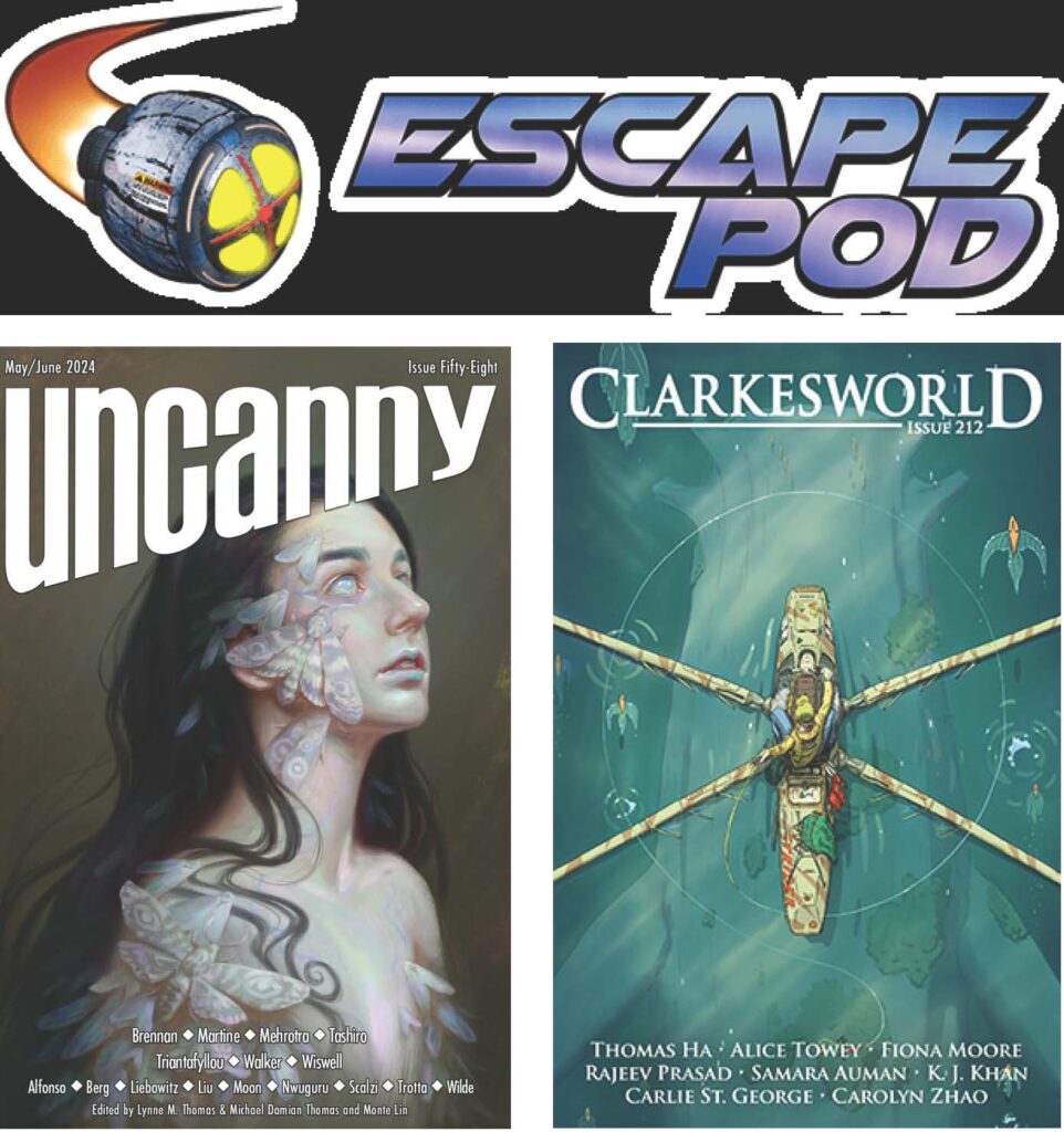 Composite image of the Escape Pod logo (top), Uncanny Magazine 58 (bottom left, featuring a woman partly covered by butterflies or moths), Clarkesworld 212 (bottom right, featuring a person on some sort of four-bladed craft above the ocean, apparently).