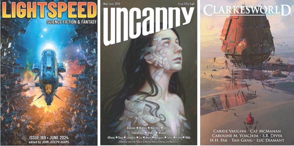 Covers of Lightspeed, Uncanny, and Clarkesworld magazines that run the stories reviewed here.