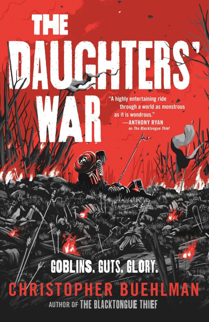 Cover of The Daughters' War by Christopher Buehlman, featuring a red and black battlefield carpeted with corpses.
