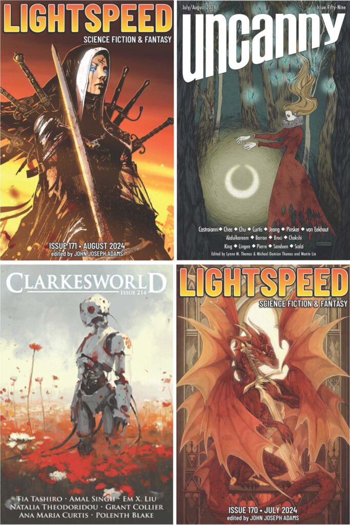 Composite of magazine covers, clockwise from top left:: Lightspeed 170, Uncanny 59, Lightspeed 171, Clarkesworld 214.