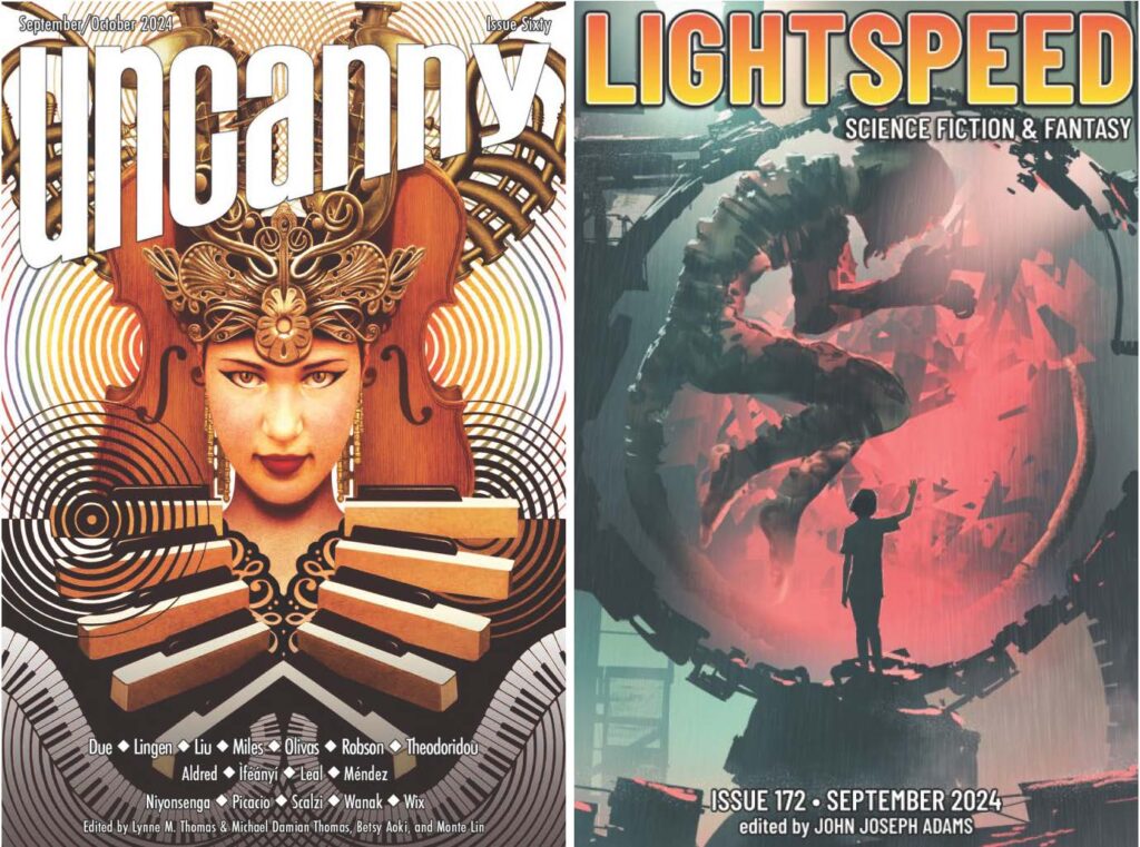 Cover of Uncanny Issue 60, cover art by John Picacio; and Lightspeed Issue 172, cover art by Tithi Luadthong (aka Grandfailure) / Shutterstock .
