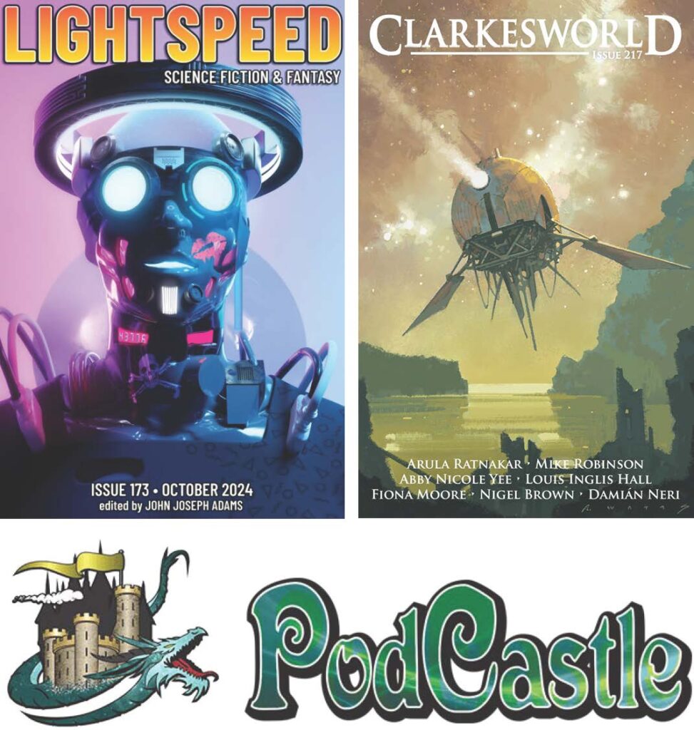Covers of Lightspeed 173 and Clarkesworld 217 and the permanent Podcastle banner.