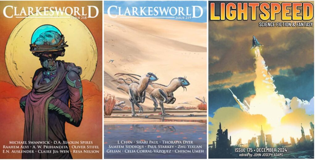 Composite of the covers of Clarkesworld 218, Clarkesworld 219, and Lightspeed 175.