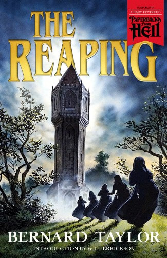 Cover of The Reaping, by Bernard Taylor, Paperbacks from Hell edition. Features a tower in the countryside with a line of female figures apparently involved in some ritual.