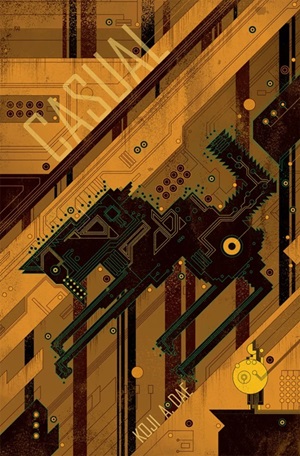 Cover of Casual, by Koji A. Dae, in tones of brown and yellow, featuring a circuitboard with a stylized canine (a fox) embedded in the circuitry.