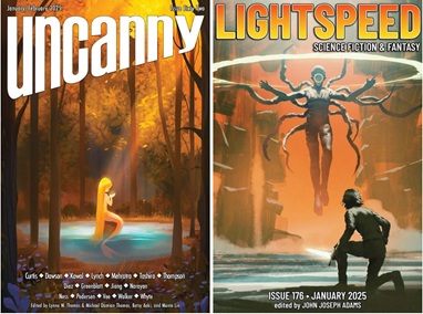 Composite image of the covers of Uncanny #62 and Lightspeed #176, featuring a mermaid sitting on a rock in a little lake amid a forest, illuminated by an orange sunbeam (Uncanny) and a person down on one knee facing what appears to be a many-limbed floating god (Lightspeed).