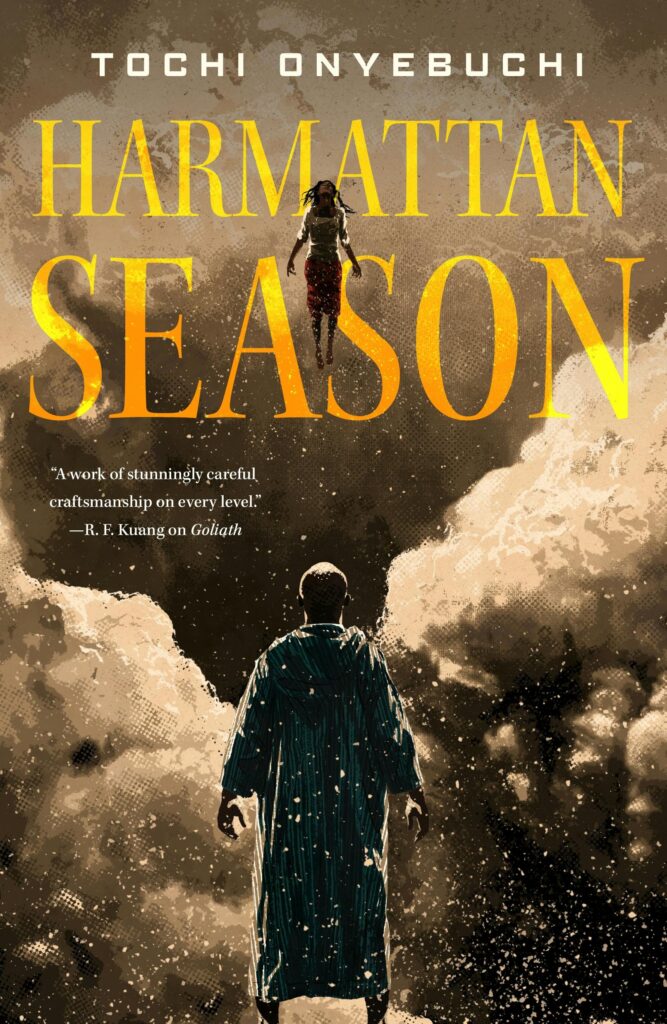 Cover of Harmattan Season, by Tochi Onyebuchi, featuring the back of a dark-skinned man wearing a dirty djellabah, looking at a barefoot woman floating amid clouds, or clouds of debris..