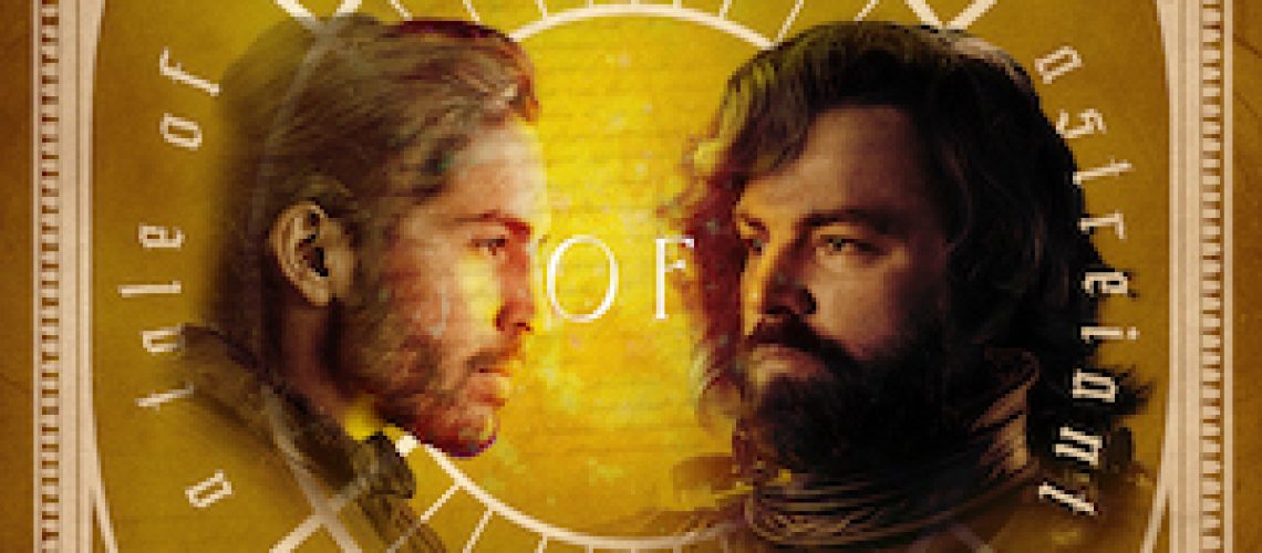 Cover of Point of Hearts: A Tale of Astreiant, by Melissa Scott, featuring the heads of an elegant-looking blond man and a burly dark-haired man, both bearded and mustached, looking not quite directly against each other, against a gold background.