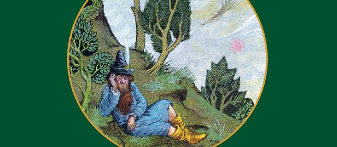 Cover of The Adventures of Tom Bombadil (2024 edition) by J.R.R. Tolkien. Features a man dozing on a hillside, with a long beard, tall hat, blue jacket, and yellow boots.