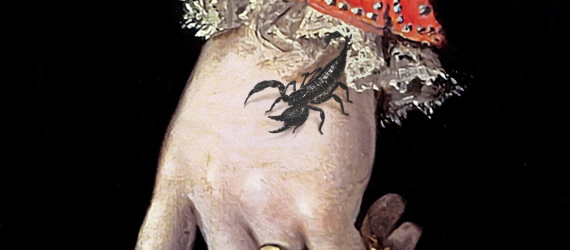 Cover of The Familiar, by Leigh Bardugo, features a pale hand holding a chain (maybe a rosary?), wearing a ring with a red stone, and a scorpion crawling out of the lacy cuff of a gold-embroidered red sleeve.