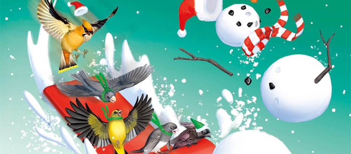 Cover of Dashing Through the Snowbirds, by Donna Andrews. Shows several birds riding a red sled into a snowman.