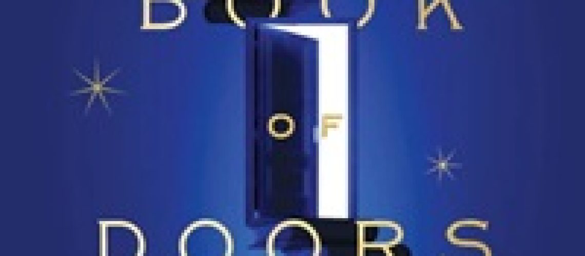 Cover of The Book of Doors, by Gareth Brown, featuring a staircase against a blue background with a few stars; a door stands slightly ajar in the center, and a woman is falling beneath that door.