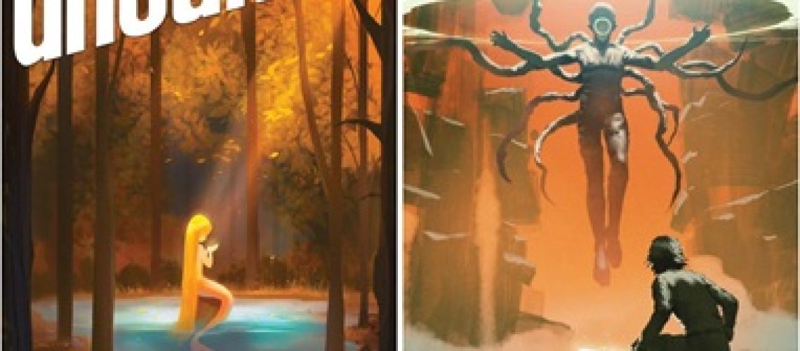 Composite image of the covers of Uncanny #62 and Lightspeed #176, featuring a mermaid sitting on a rock in a little lake amid a forest, illuminated by an orange sunbeam (Uncanny) and a person down on one knee facing what appears to be a many-limbed floating god (Lightspeed).