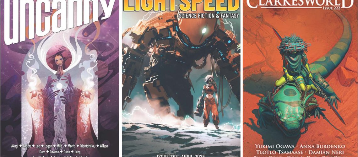 Composite image of the covers of Uncanny 63, Lightspeed 179, and Clarkesworld 222.