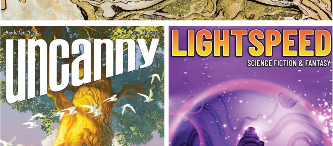 Combined covers of Strange Horizons), March 11, 2024 (top), Uncanny 57 (bottom left), and Lightspeed 166 (bottom right).