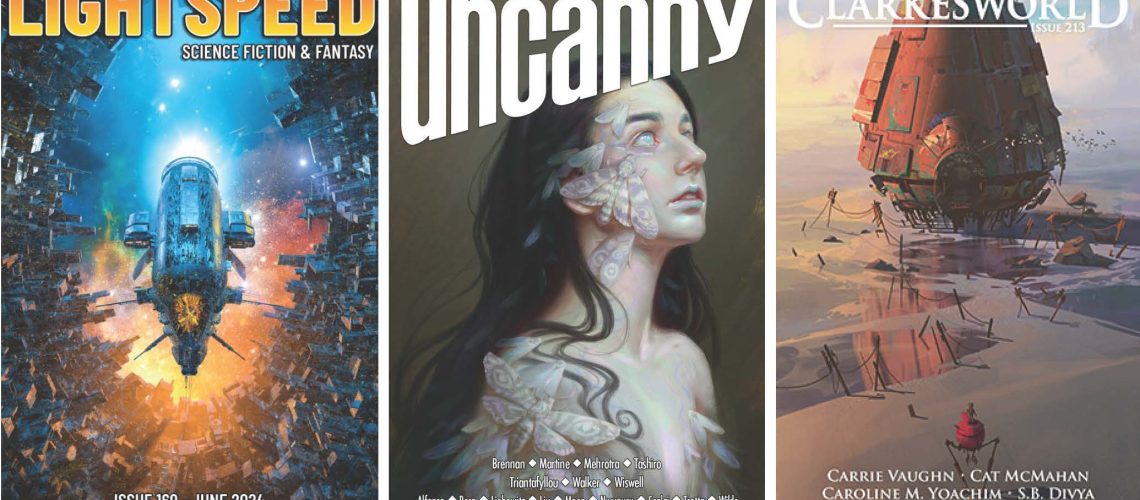 Covers of Lightspeed, Uncanny, and Clarkesworld magazines that run the stories reviewed here.