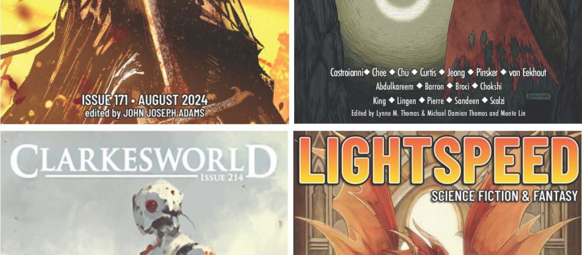 Composite of magazine covers, clockwise from top left:: Lightspeed 170, Uncanny 59, Lightspeed 171, Clarkesworld 214.