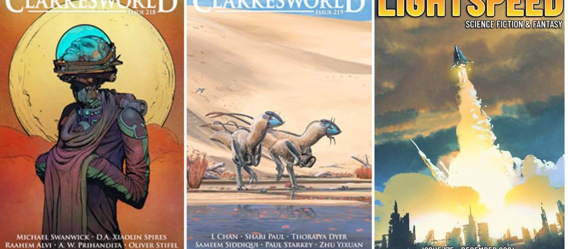 Composite of the covers of Clarkesworld 218, Clarkesworld 219, and Lightspeed 175.