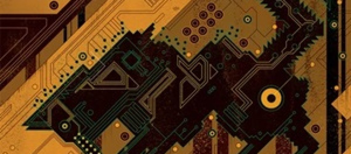 Cover of Casual, by Koji A. Dae, in tones of brown and yellow, featuring a circuitboard with a stylized canine (a fox) embedded in the circuitry.