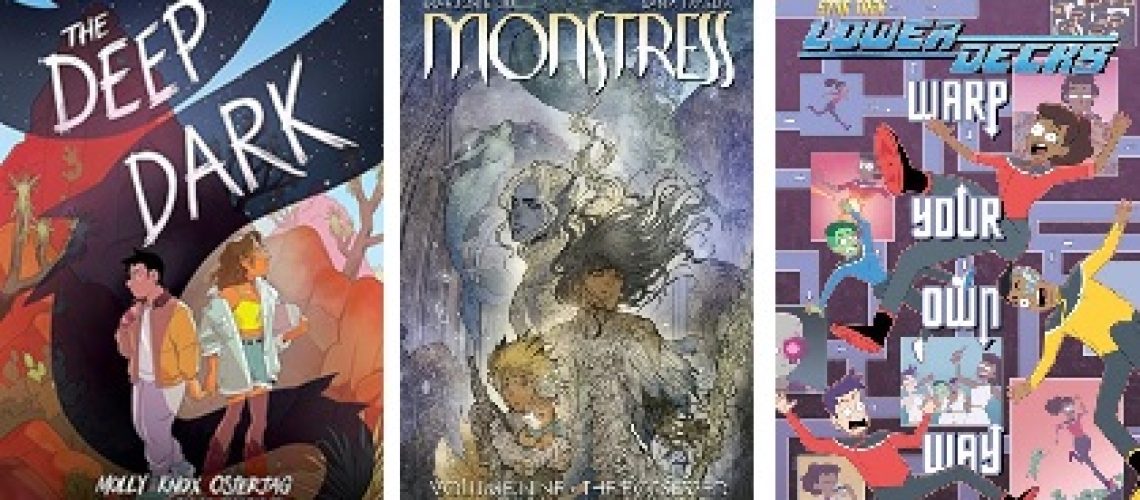Covers of 3 Best Graphic Story Hugo Nominees - The Deep Dark, Monstress Volume Nine, and Star Trek Lower Decks Warp Your Own Way