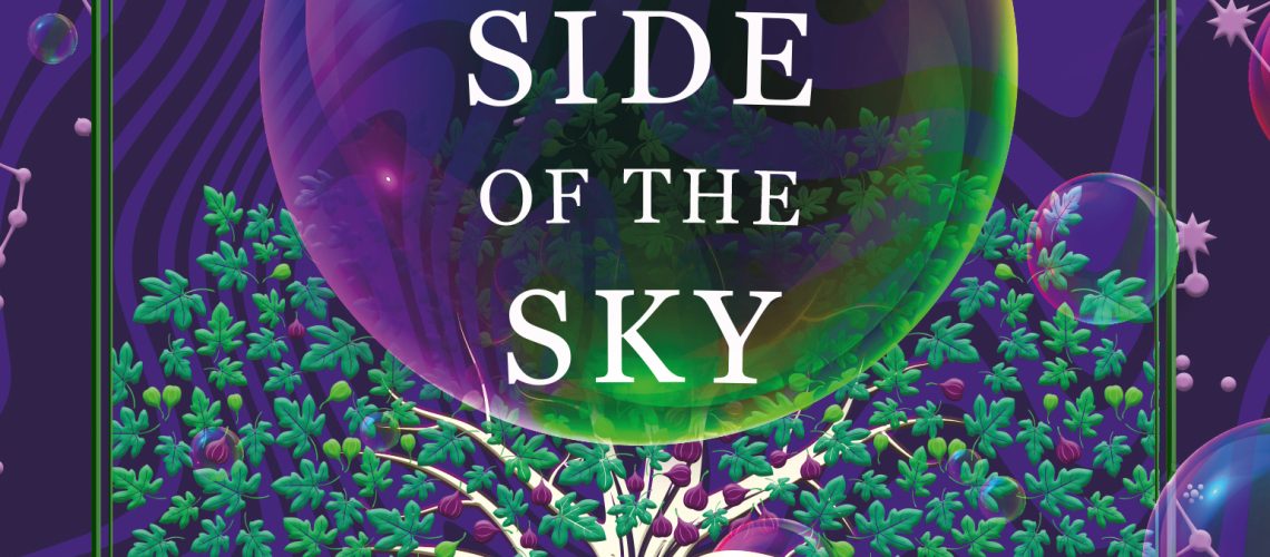 Cover of The Dark Side of the Sky, featuring purple-green bubbles against a swirly sky, with a green tree with purple fruit or berries and a white trunk, with a pig at the base.