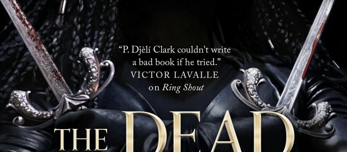 Cover of P. Djèlí Clark’s The Dead Cat Tail Assassins, featuring a dark-skinned woman wearing dreadlocks, a gold cat mask and black leather gloves, holding a pair of swords crossed across her chest.