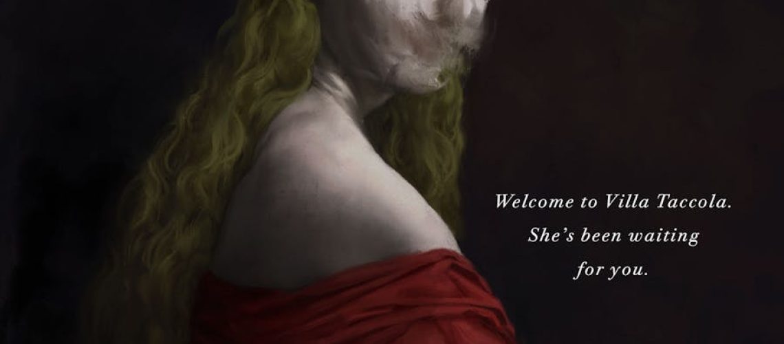 Cover of Diavola, by Jennifer Thorne. Features a woman with a distorted, misty face, blonde hair, and an off-the-shoulder red dress, reading a book. Tagline: "Welcome to Villa Taccola. She's been waiting for you."