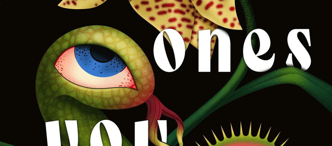 Cover of Eat the Ones You Love, by Sarah Maria Griffin, with an odd-looking plant with one blue eye, and a brown eye within a Venus flytrap-looking leaf.