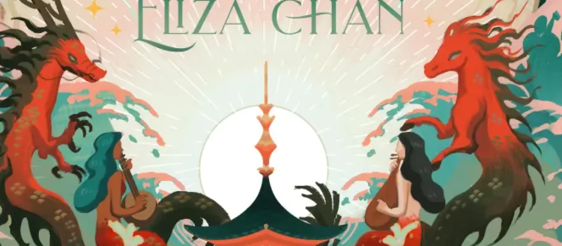 Cover of Fathomfolk by Lisa Chan, featuring a partially submerged Asian-style city, an Asian water dragon, a kelpie, and two mermaids (or sirens?) playing musical instruments.