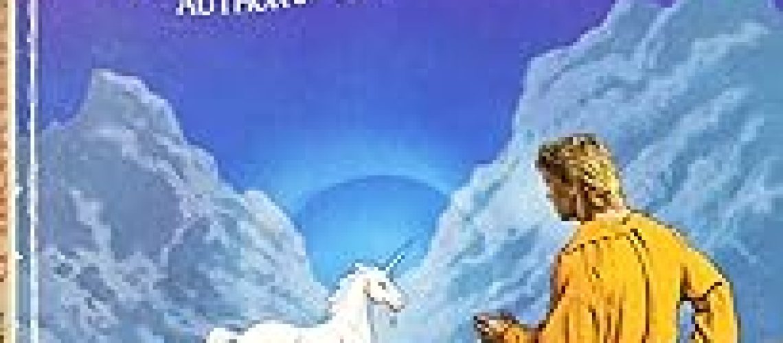 Cover of Grimbold's Other World by Nicholas Stuart Gray, featuring a young blond man or teen in a yellow shirt and pants/tights, next to a black cat, looking at a unicorn in a meadow between mountains.