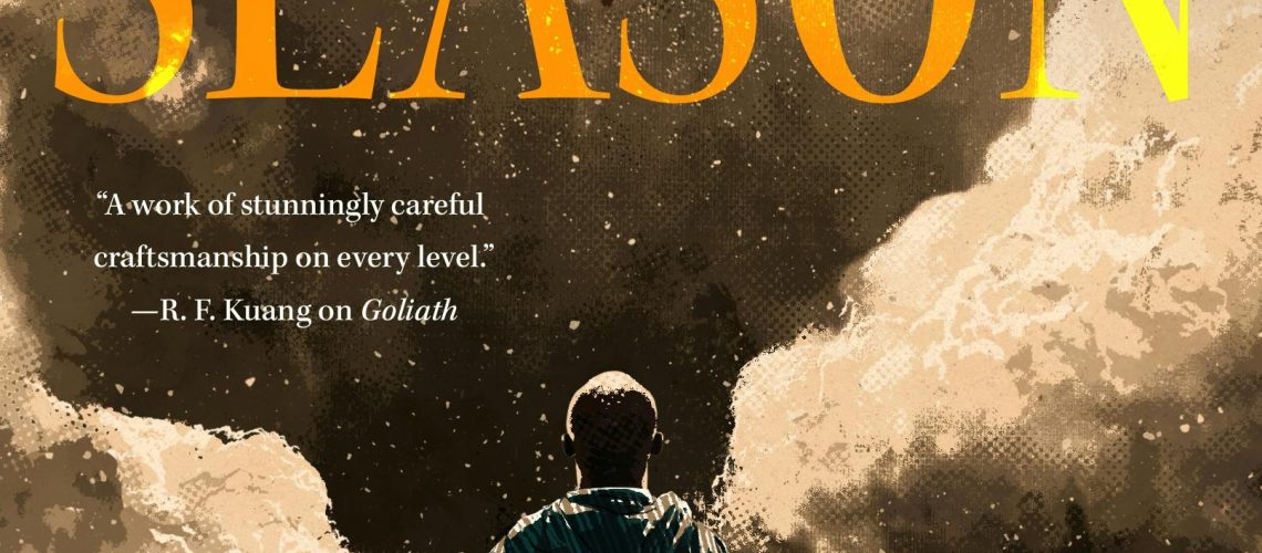 Cover of Harmattan Season, by Tochi Onyebuchi, featuring the back of a dark-skinned man wearing a dirty djellabah, looking at a barefoot woman floating amid clouds, or clouds of debris..