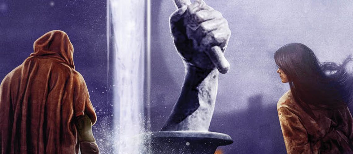 Cover of Heretic by Gregory A. Wilson, featuring a cloaked figure, a woman with long dark hair, a panther, and a statue of a hand holding a hammer.