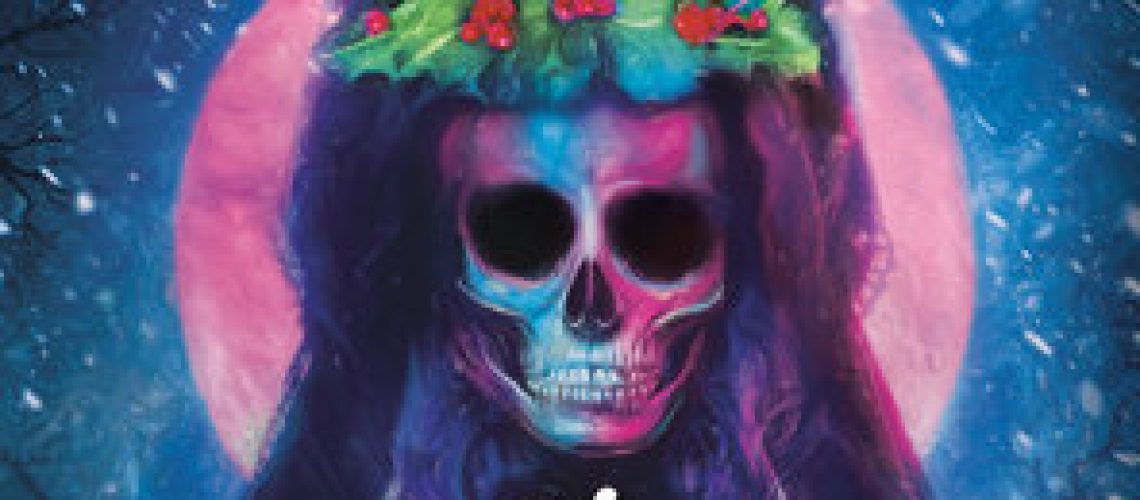 Cover of Holly Horror The Longest Night, by Michelle Jabès Corpora, featuring a skull with long hair, wearing a holly wreath, in front of a pink moon.
