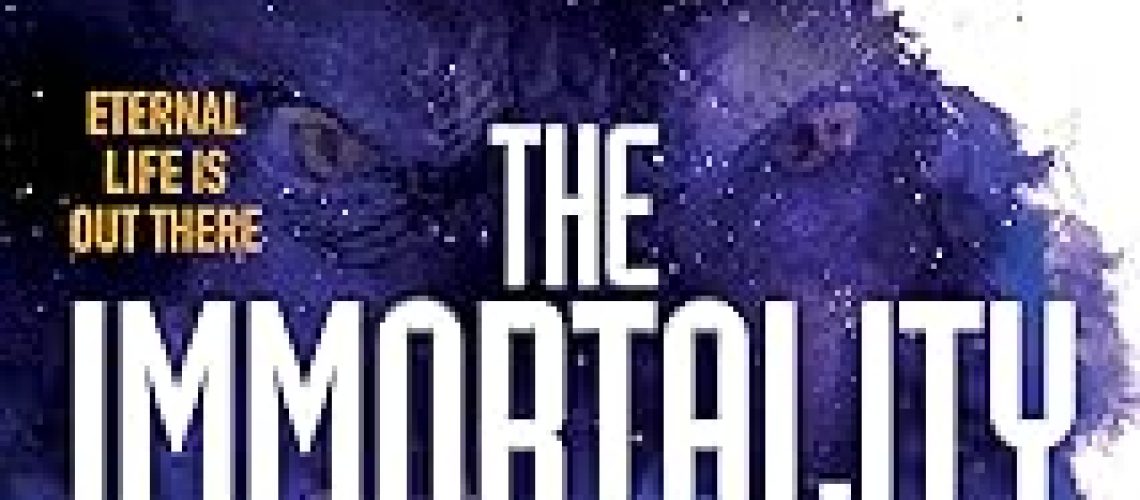 Cover of The Immortality Thief, by Taran Hunt, featuring a wheel-type space station and some ominous eyes, possibly an alien's against a backdrop of stars. Tagline: ETERNAL LIFE IS OUT THERE. Blurb: "Fun, resonant, and compulsively readable" -- NYT bestseller Veronica Roth