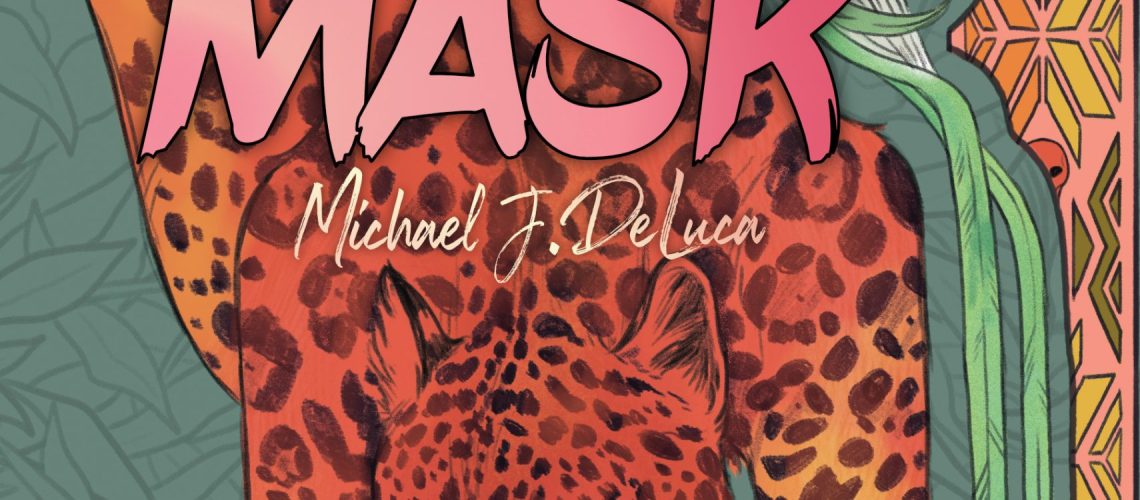 Cover of The Jaguar Mask by Michael J. DeLuca, featuring a jaguar with glowing yellow eyes, a green and blue bird, and a pictographic border that includes cars.
