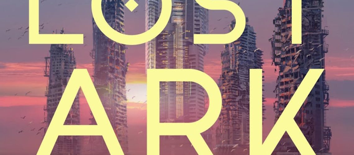 Cover of Lost Ark Dreaming, by Suyi Davies Okungbowa, featuring five high-tech towers rising from the sea at sunrise or sunset.