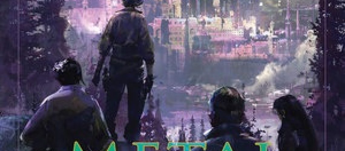 Cover of Metal from Heaven, by August Clarke, featuring a woman and several other people, seen from behind looking from a forest toward a civilized enclave.